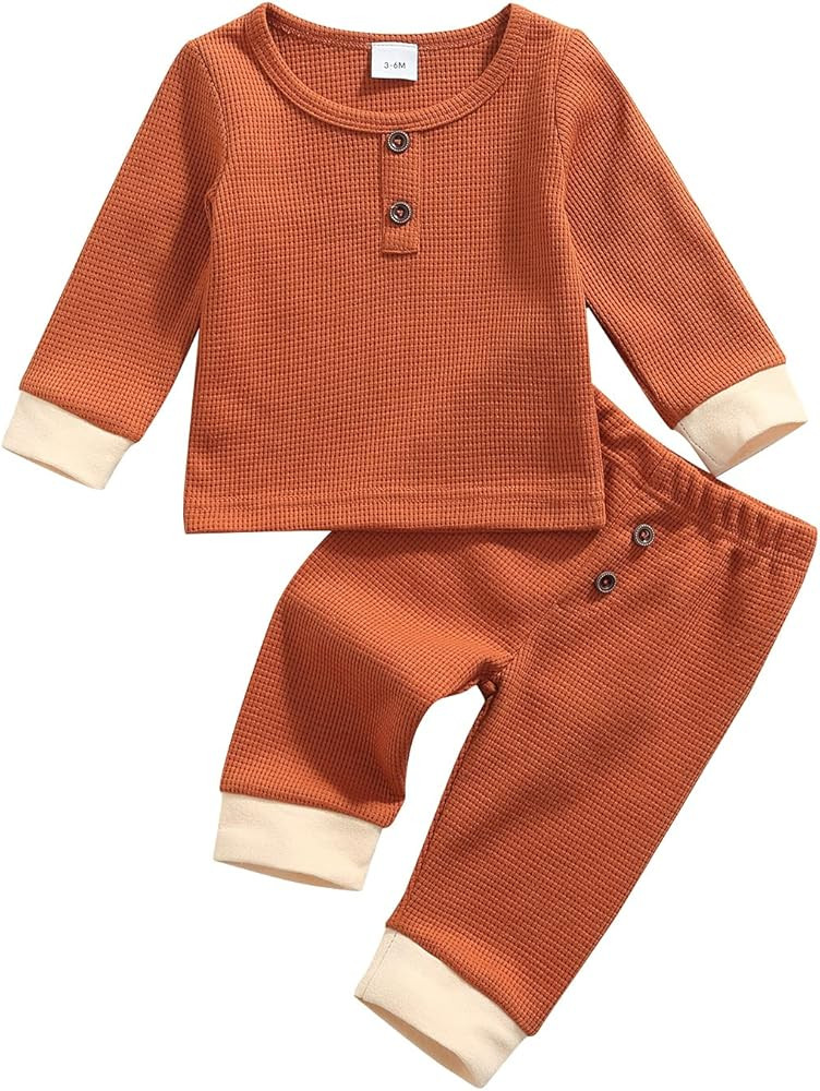 Winter Newborn Baby Girl Boy Clothes Unisex Infant Baby Solid Outfit Waffle Top T-shirt Elastic Pant | Amazon (US)