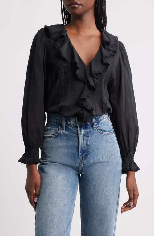 DÔEN Hardy Ruffle Pintuck Organic Cotton Top in Black at Nordstrom, Size X-Large | Nordstrom