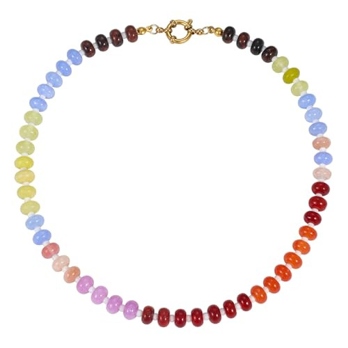 Beaded Gemstone Necklace for Women, Colorful Boho Bead Choker Necklace Natural Stone Freshwater Pearl Surfer Beach Necklace 14K Gold Plated Summer Handmade Jewelry Gifts | Amazon (US)