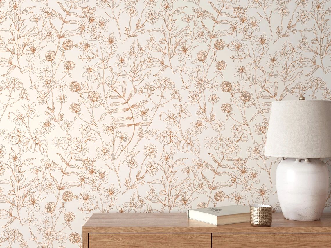 Neutral Boho Wildflowers Wallpaper / Peel and Stick Wallpaper Removable Wallpaper Home Decor Wall... | Etsy (US)
