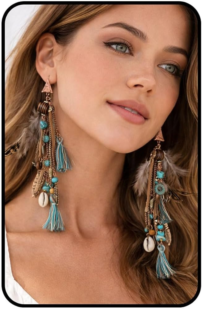 Boho Feather Tassel Earrings for Women, Turquoise Beaded Tribal Dangle Long Drop Earring Vintage ... | Amazon (US)