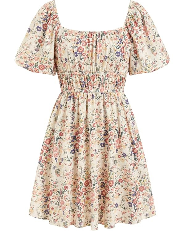 CIDER Floral Dress for Women Boho Vacation Smocked Square Neck Puff Sleeve Casual Mini Dress Summ... | Amazon (US)