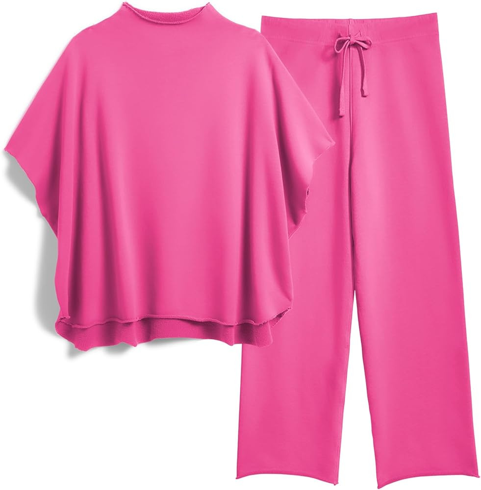 Women's Two Piece Outfits 3/4 Batwing Sleeve Capelet Crew Neck Pullover Top Wide Leg Pants Lounge... | Amazon (US)