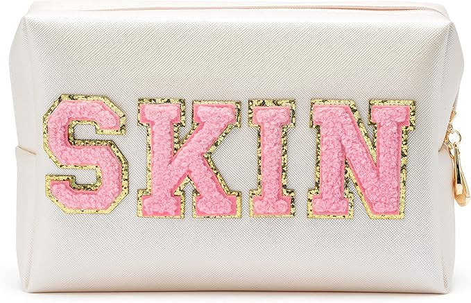 Y1tvei Preppy Patch SKIN Varsity Letter Cosmetic Toiletry Bag PU Leather Portable Makeup Bag Zipp... | Amazon (US)