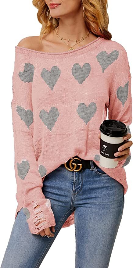 Tutorutor Womens Cute Love Heart Print Sweaters Oversized Off The Shoulder Loose Knitted Valentin... | Amazon (US)