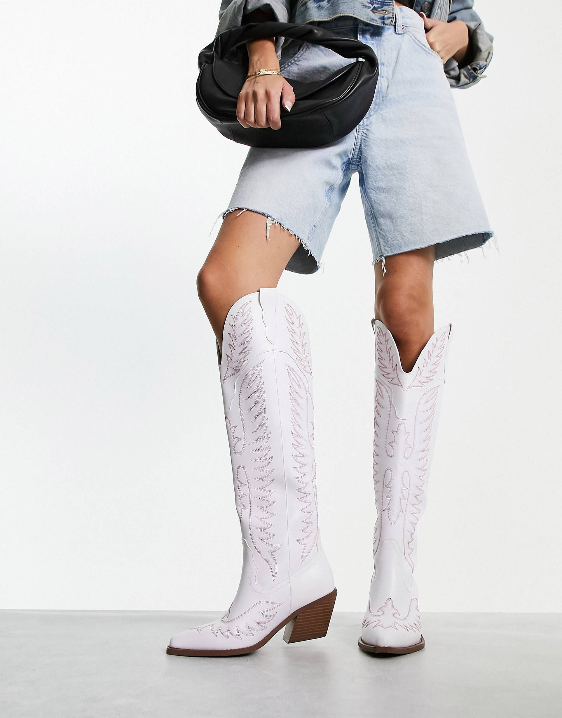 ASOS DESIGN Chester contrast stitch western knee boot in white | ASOS (Global)