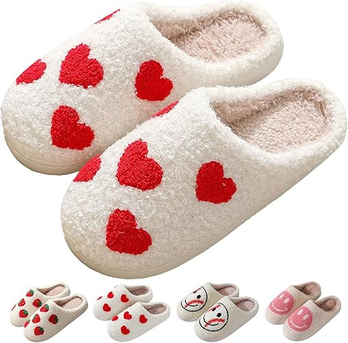 Heart/Smiley Face Slippers for Women,Cute Indoor Memory Foam Slip On Slippers, White Curly Soft P... | Amazon (US)