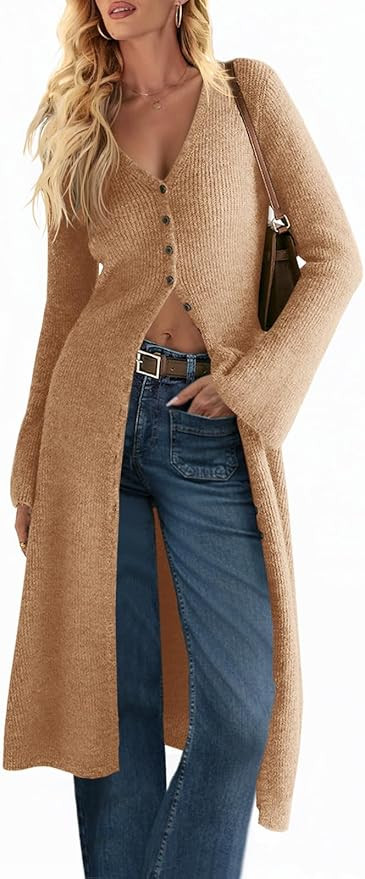 Saodimallsu Womens Long Cardigan Sweaters Oversized Bell Sleeve Open Front Button Down Casual Kni... | Amazon (US)