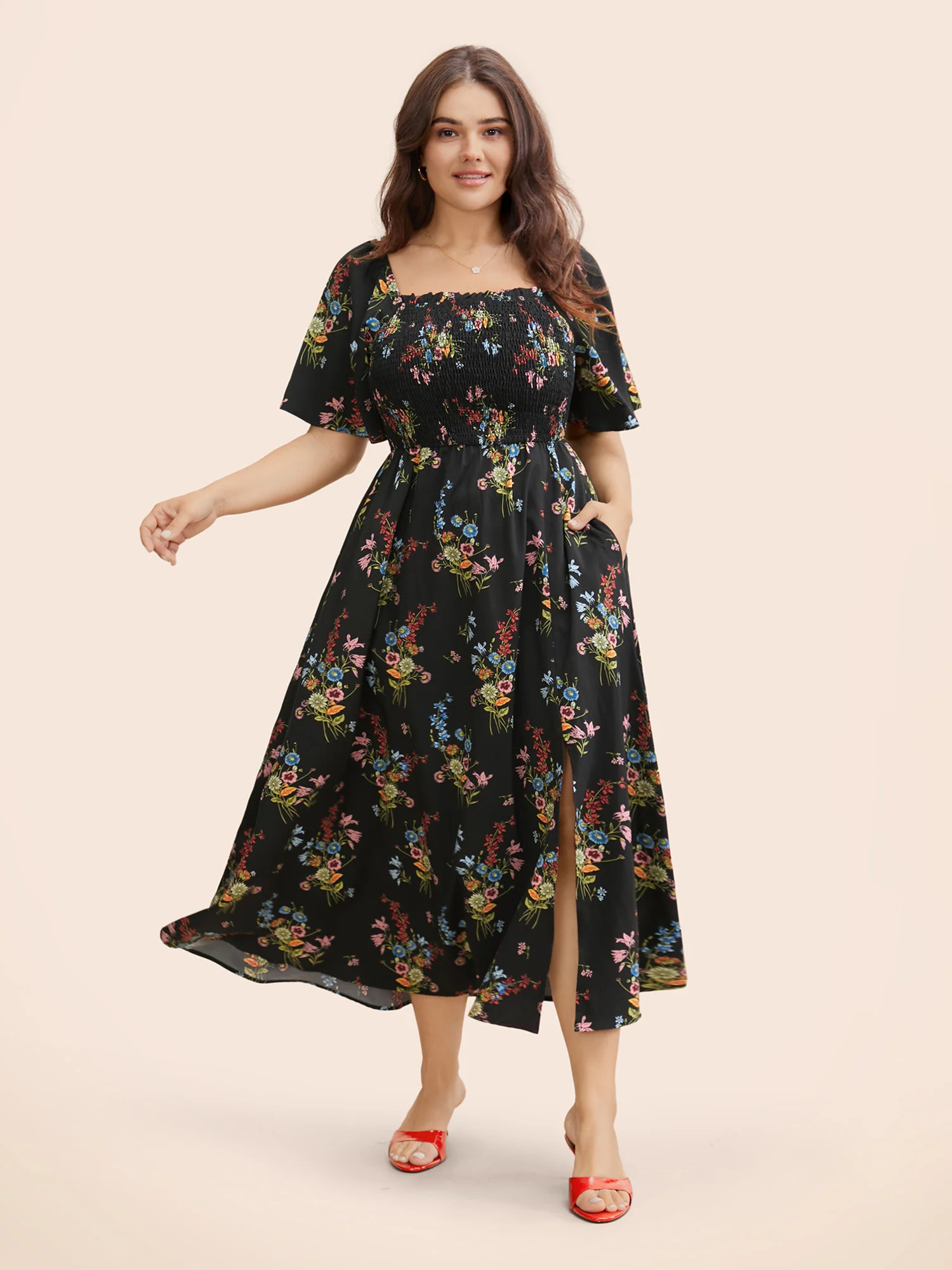 Ditsy Floral Shirred Split Hem Dress | Bloomchic