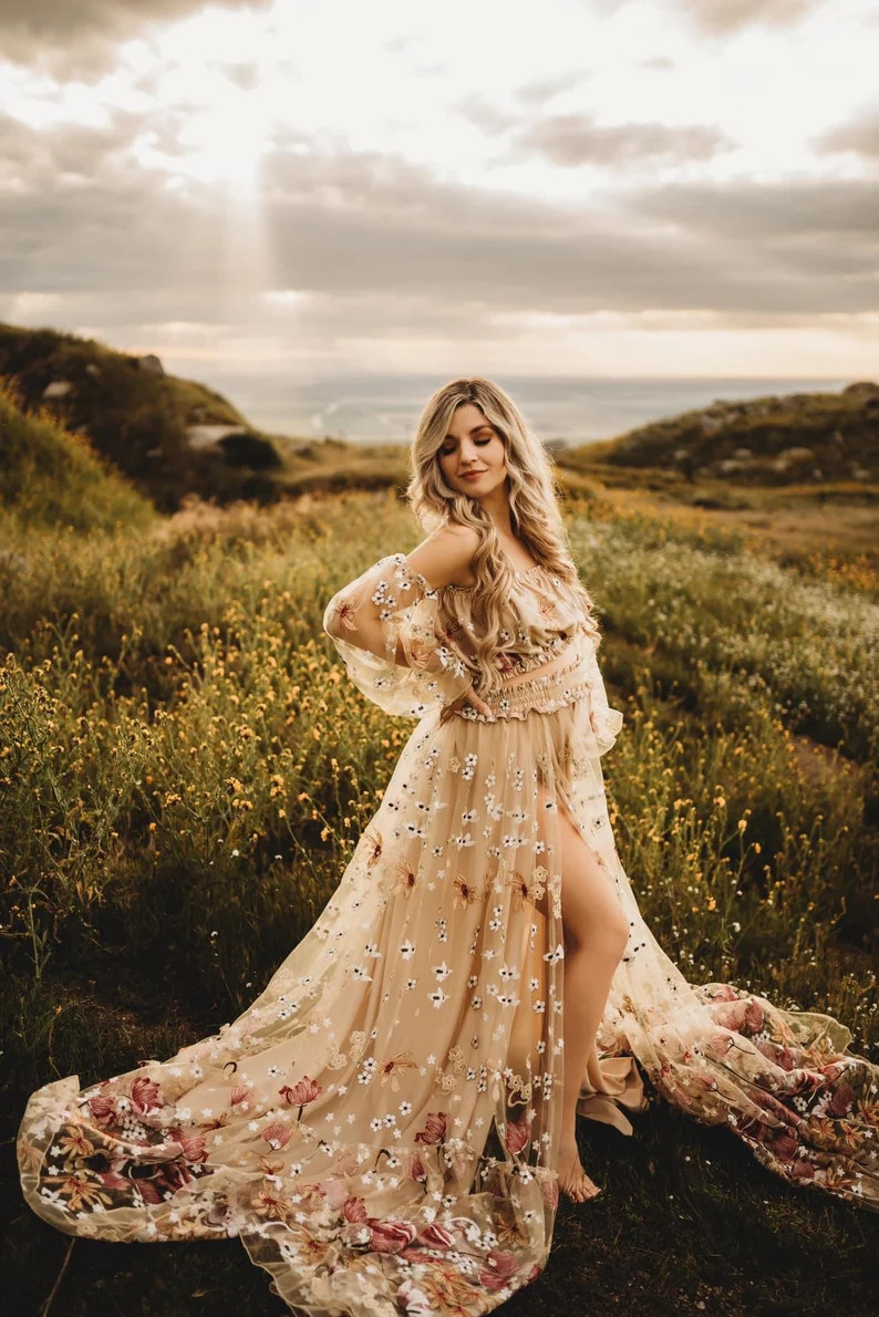 Floral Tulle Maternity dress for photoshoot, Boho Maternity gown baby shower, Photo shoot dress, ... | Etsy (US)