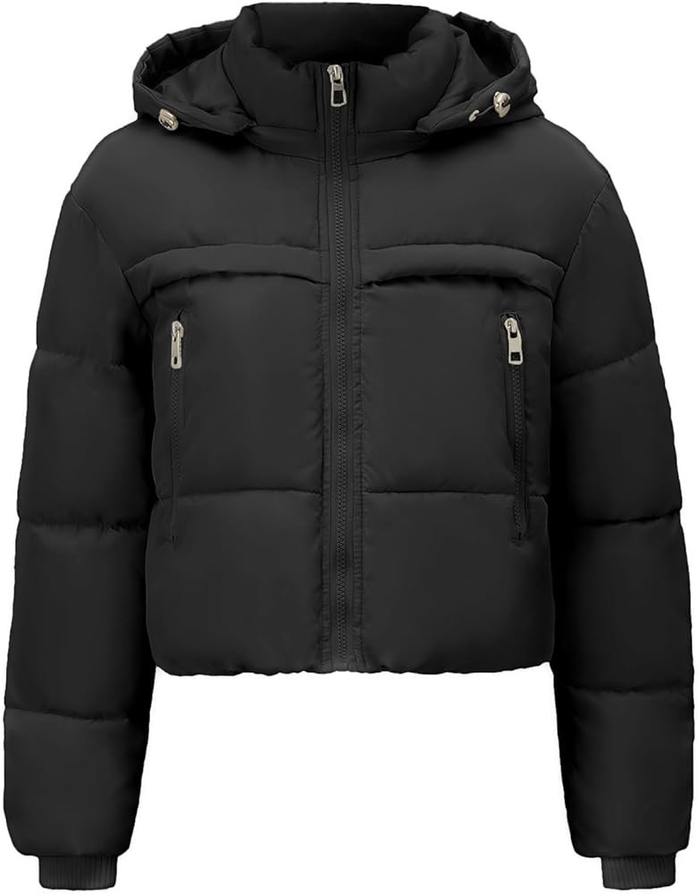 Ogfao Women's Cropped Puffer Jacket Hooded Warm Padded Winter Outerwear Coat with Pockets | Amazon (US)