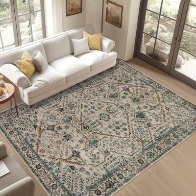 Soft Vintage Low Pile Large Washable Area Rug, Boho Non-Slip Indoor Rugs for Living Room Bedroom, Beige/Blue, 9'x12' | Target
