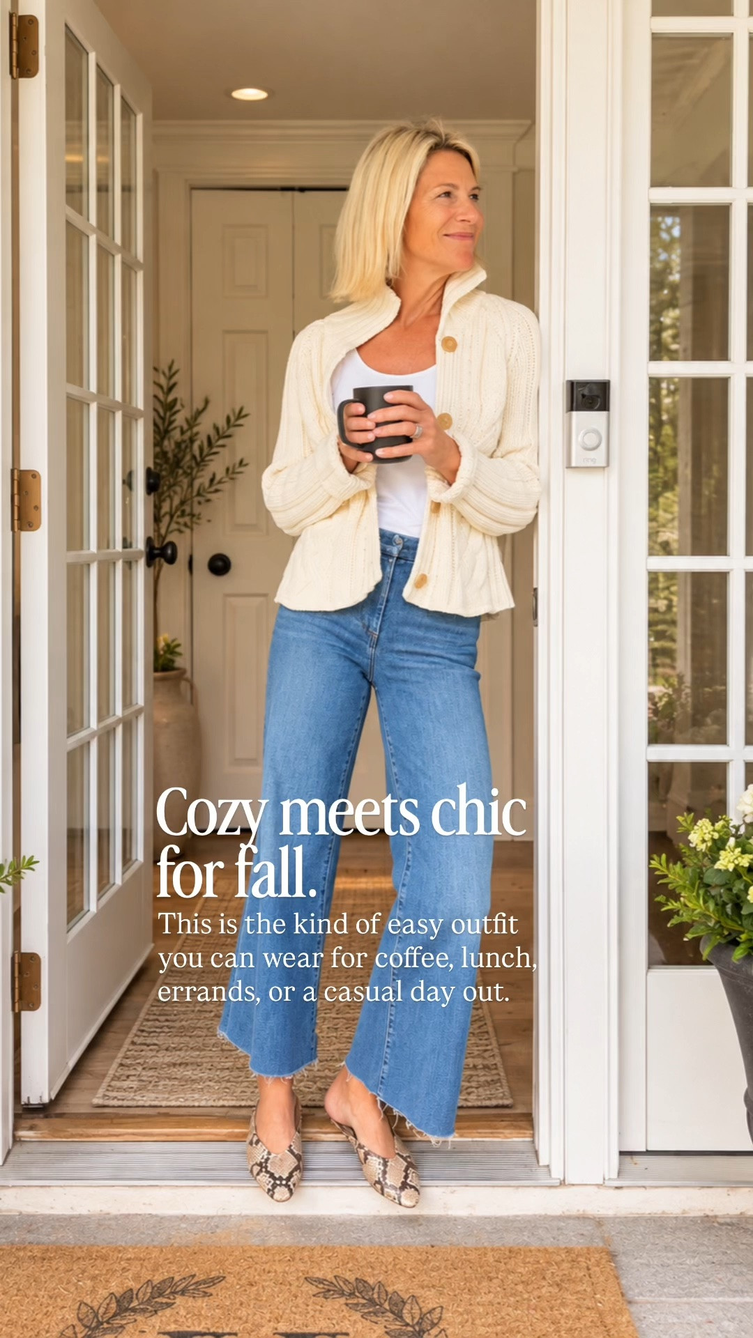 This is my idea of the perfect easy fall outfit, a cozy ivory cardigan, wide-leg jeans, and snake-print shoes for a little extra personality. Comfortable enough for everyday, but polished enough for lunch or a casual day out.

👩‍💻 LTK PRO TIPS
❤️ Heart = Support my posts ;-)
🔖 Save = Get sale & restock alerts for the things you love!
📋 Lists = Keep favorites organized (List ideas: Christmas, Birthdays, and Vacations!)
📲 Share = Send lists and products to a friend (or your daughters like me).
💬 Comment = Ask me anything, and I’ll answer. ;-)

#LTKootd #LTKOver40 #LTKSeasonal