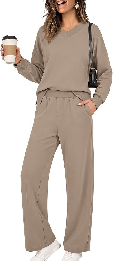 ANRABESS Two Piece Lounge Sets for Women Fall Sweatsuits     Oversized V Neck Sweatshirts Wide Le... | Amazon (US)
