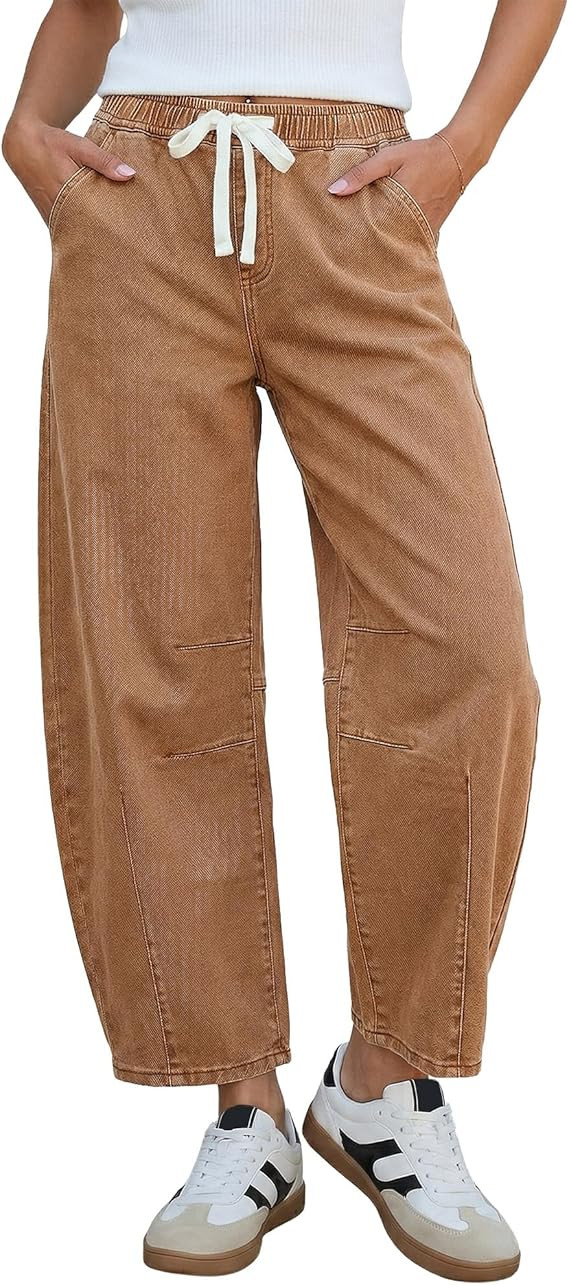 GRAPENT Barrel Jeans for Women Trendy High Waisted Cropped Baggy Wide Leg Pull On Elastic Waist S... | Amazon (US)