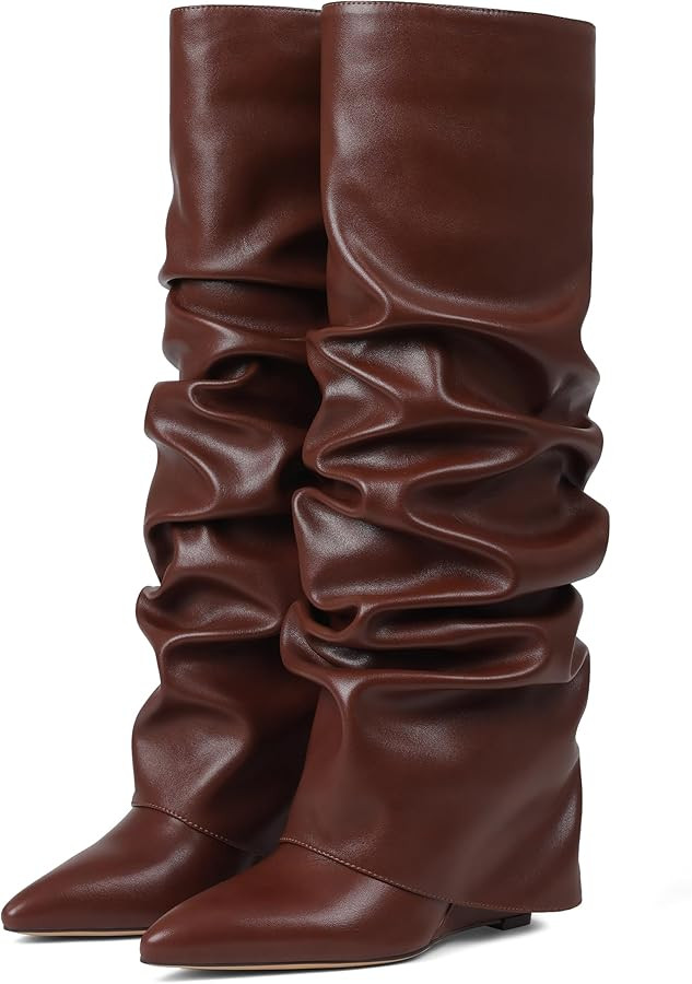 Oiamenne Women's Fold Over Boots Slouch Knee High Boots for Women Wedge Heel Pointed Toe Tall Boo... | Amazon (US)