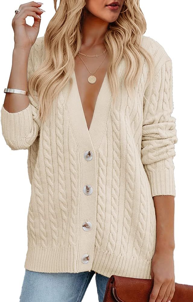 Cardigan for Women Open Front Long Sleeve Pullover Sweater Button Down Cable Knit V Neck Oversize... | Amazon (US)