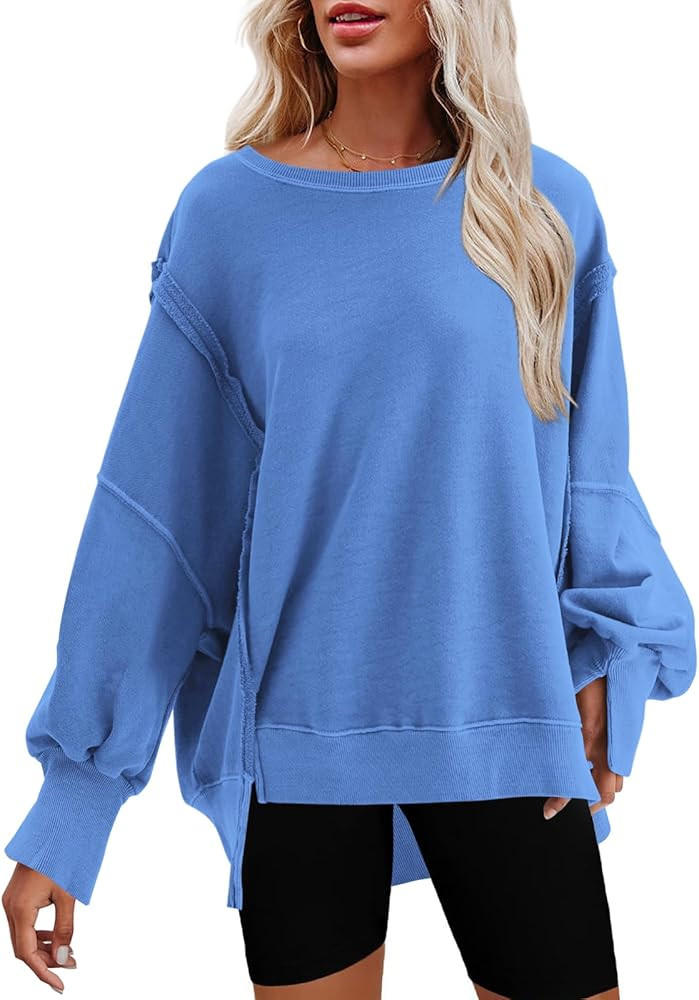 Nirovien Womens Oversized Crewneck Sweatshirt Side Slit Long Sleeve Pullover Slouchy Fit Tops | Amazon (US)