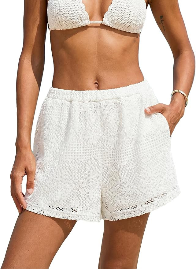 CUPSHE Womens Beach Shorts Linen Shorts High Waist Beach Shorts Lace Knitted Swim Coverup Shorts | Amazon (US)