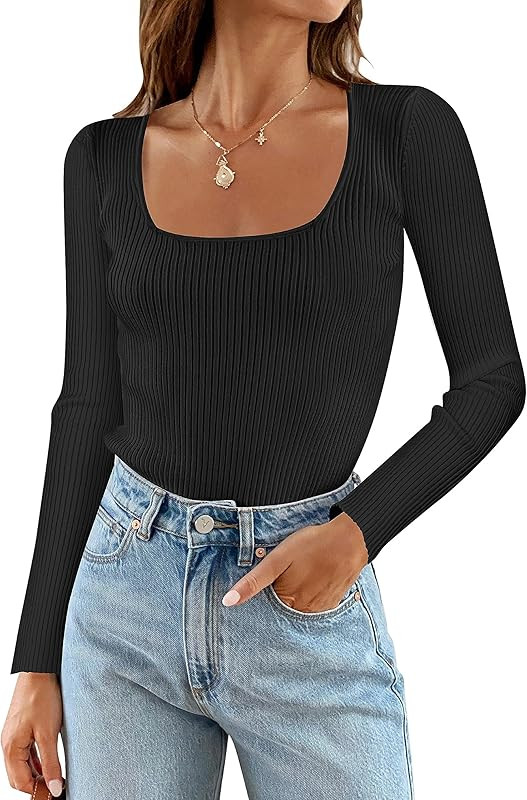 ZESICA Women's 2023 Long Sleeve Square Neck T Shirts Slim Fitted Elegant Fall Ribbed Knit Casual ... | Amazon (US)