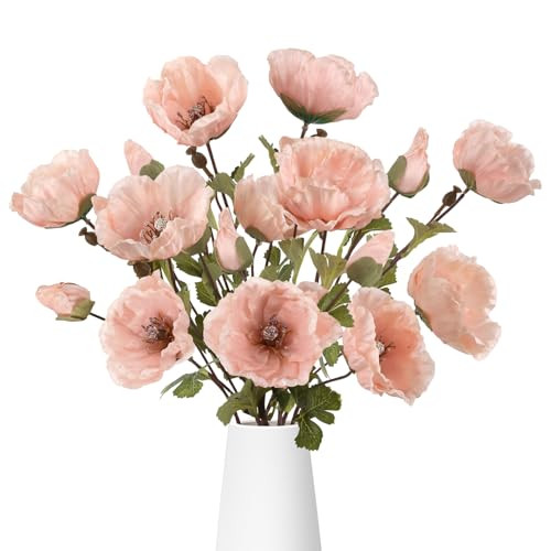 muafho 6Pcs Fake Poppy Artificial Flowers Pink Faux Silk Spring Flowers with Long Stems for Bridal Wedding Bouquets Floral Arrangements Centerpiece Table Home Party Decorations (Pink) | Amazon (US)