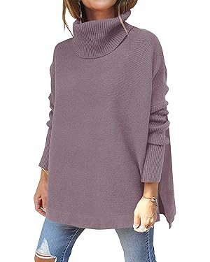 ANRABESS Women's Turtleneck Oversized 2023 Long Batwing Sleeve Spilt Hem Knit Tunic Pullover Swea... | Amazon (US)