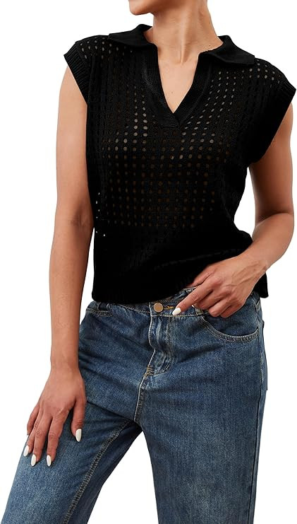 Livtany Women's Cap Sleeve Hollow Out Sweater Vest Lapel Collar V Neck Crochet Knit Tops Loose Fi... | Amazon (US)