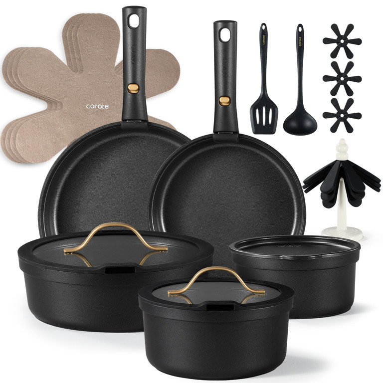 Carote Nonstick Cookware Sets, 20 Pcs Non Stick Pots and Pans Set with Removable Handle, Black | Walmart (US)