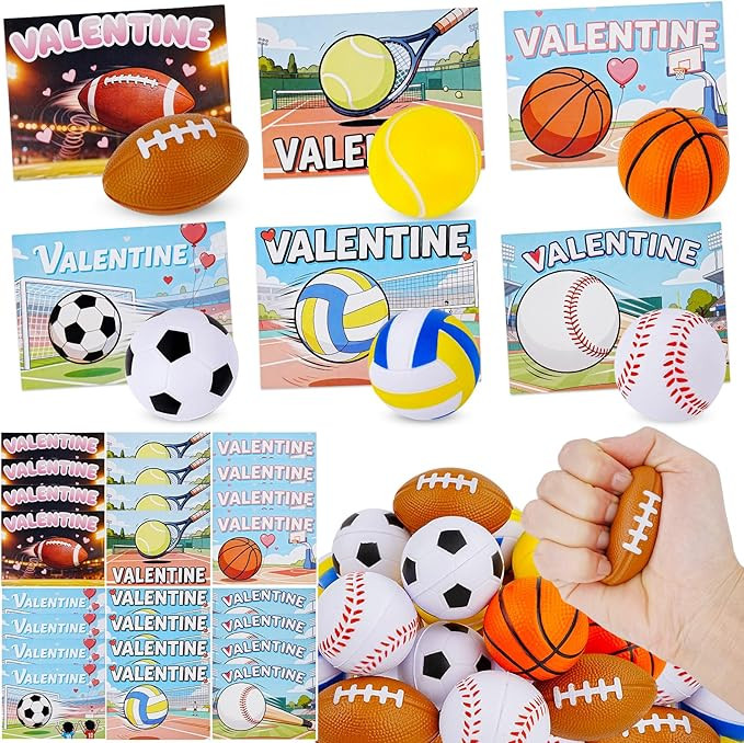 Tiaxidex Valentines Day Gifts for Kids, 24 PCS Sports Valentines Cards for Kids, 24 PCS Stress Ba... | Amazon (US)