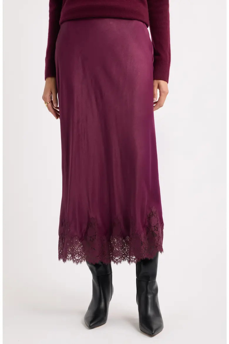 Nordstrom Lace Trim Satin Bias Midi Skirt in Brown Mole at Nordstrom, Size Xx-Small | Nordstrom