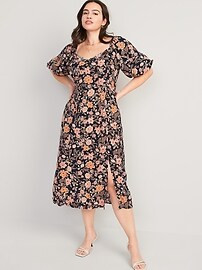 Puff-Sleeve Floral-Print Pintucked Smocked Midi Swing Dress for Women | Old Navy (US)