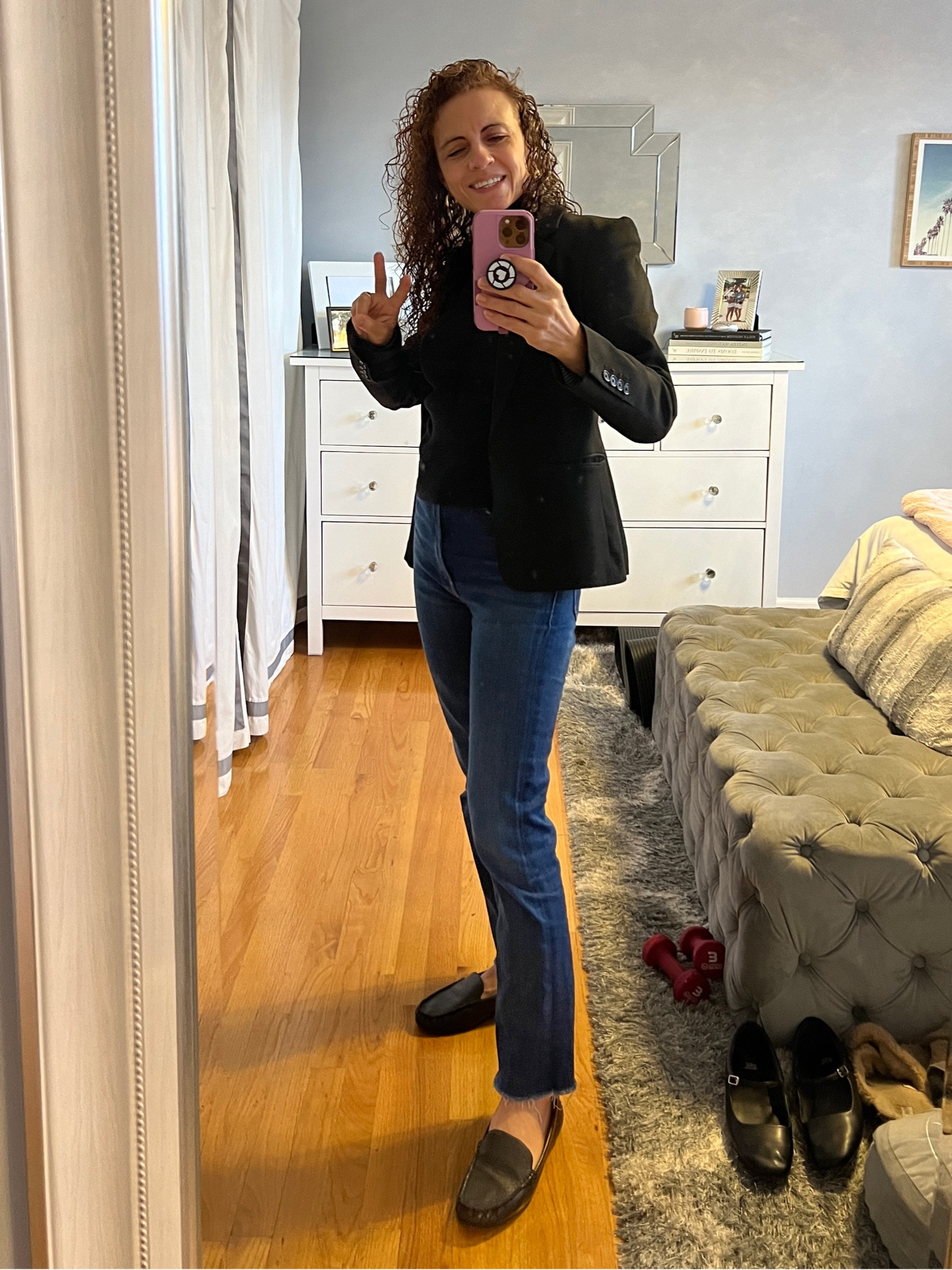 OOTD classic fall outfits, fashion look. Black turtleneck size small, blue jeans with raw hem size 26, with black blazer, black ballet flats, gold jewelry, black loafers look great too!

#LTKWorkwear #LTKStyleTip #LTKOver40