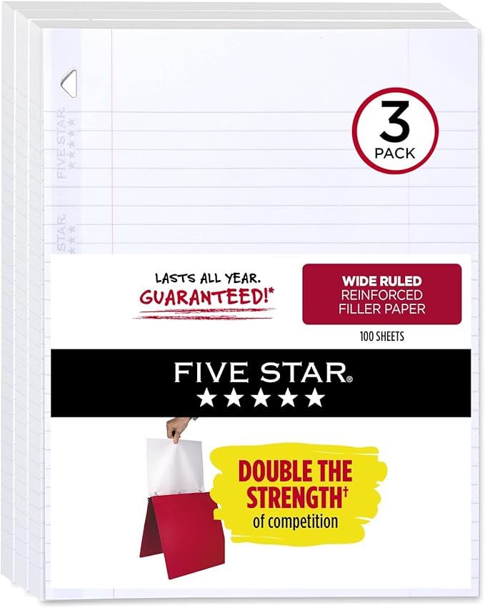 Five Star Loose Leaf Paper, 3 Pack, 3 Hole Punched, Reinforced Filler Paper, Wide Ruled Paper, 10... | Amazon (US)