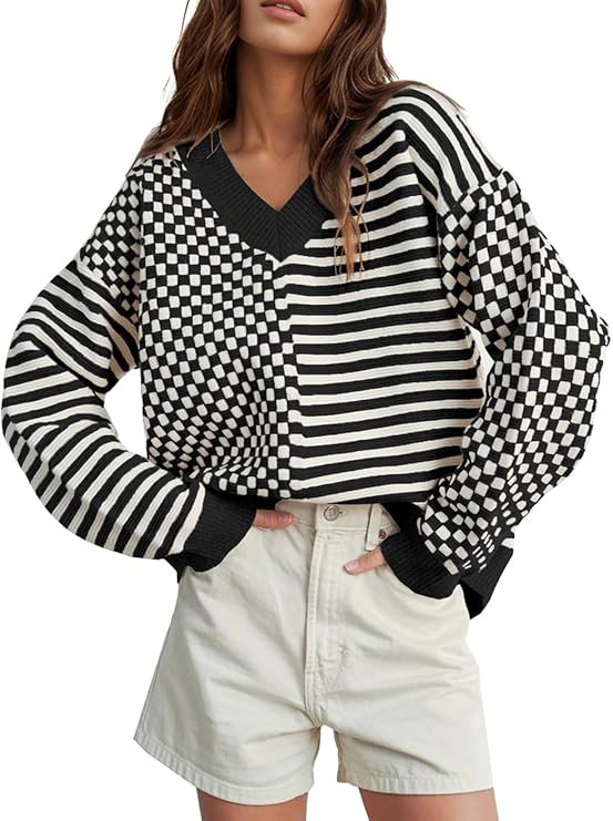 UNCLECAT Women's Striped Checkered Sweater 2025 V Neck Fall Sweaters Casual Knit Trendy Pullover ... | Amazon (US)