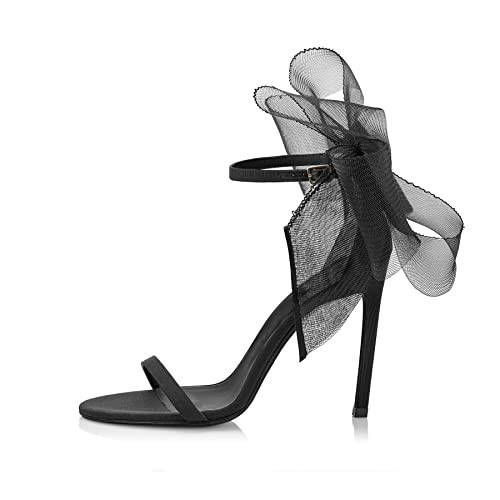 Coutgo Women's Bow Heels Open Toe Stiletto Heels One Strap Bridal Wedding Asymmetric Non-Removable Bow Knot Heeled Sandals, Black, Size 8.5 | Amazon (US)