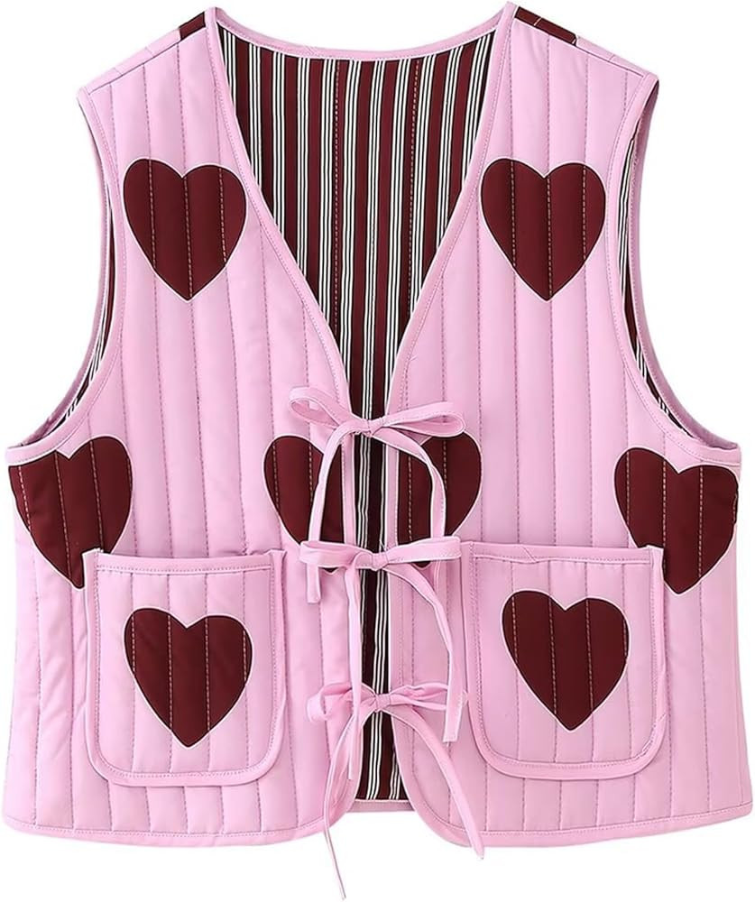 Wyeysyt Women's Cropped Quilted Vest Heart Print Casual Tie Front Waistcoat Cute Sleeveless Padde... | Amazon (US)