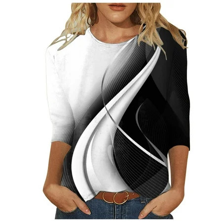 Tshirts For Women Summer Casual Fashion Round Neck Gradient Print Three Quarter Sleeve Ladies Tops Clothing T Shirts Holiday Wear | Walmart (US)