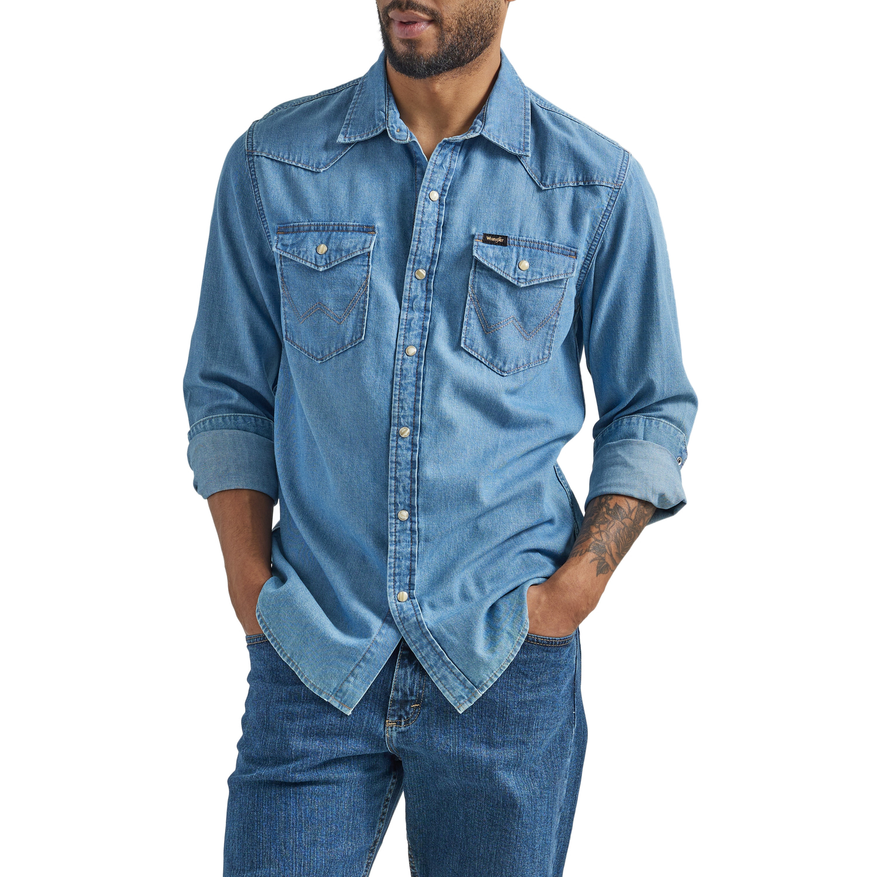 Wrangler Men's Blue Denim Long sleeve Button-down shirt ( Large ) | 112333616-L | Lowe's
