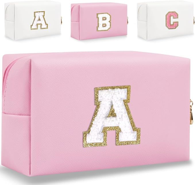 Small Personalized Letter Makeup Bag, Cute PU Leather Chenille Letters Cosmetic Bag Travel Makeup... | Amazon (US)