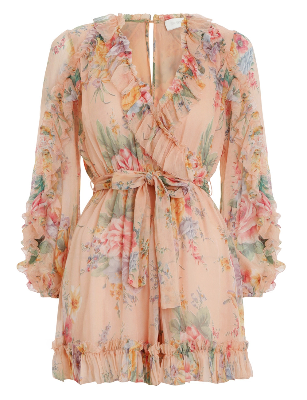 Zinnia Plunge Ruffle Playsuit-Coral Floral-2 | ZIMMERMANN (US, CA, EU, MENA)