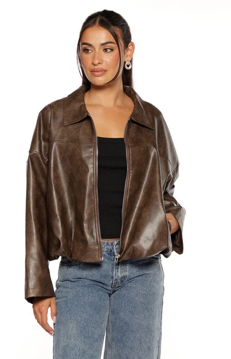 River Vintage Brown PU Bubble Hem Bomber Jacket | Beginning Boutique (US)