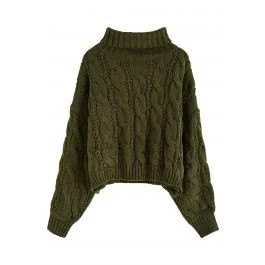 Turtleneck Braid Knit Crop Sweater in Army Green | Chicwish