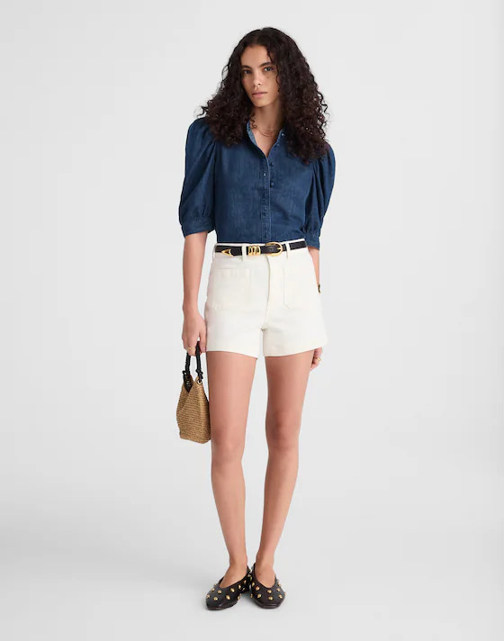 Denim Puff-Sleeve Band-Collar Shirt | Madewell