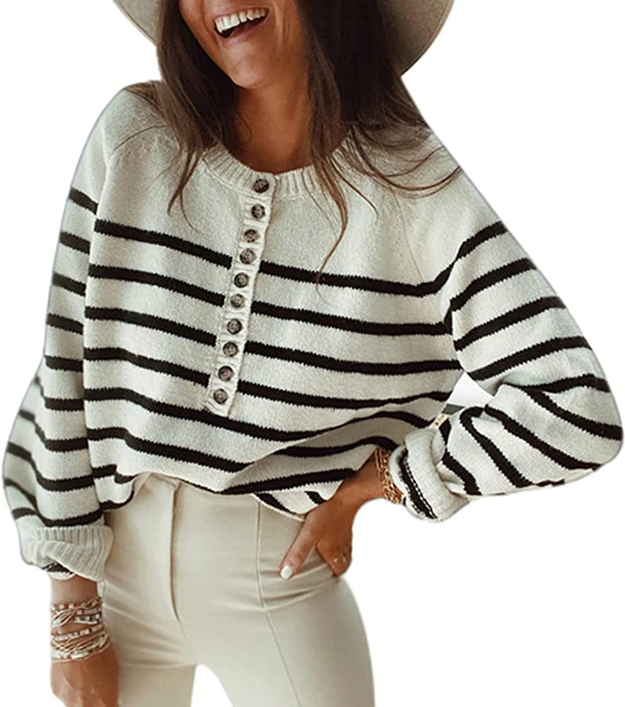 Amkoyam 2021 Winter Autumn Women’s Striped Sweaters Long Sleeves Knitted Casual Pullovers Chunk... | Amazon (US)