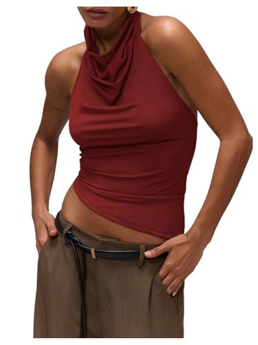 Milumia Women's High Neck Draped Tops Open Back Asymmetrical Hem Halter Crop Tank Top Burgundy Small | Amazon (US)