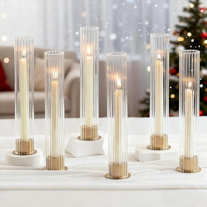 NUPTIO Candlestick Holder with Fluted Hurricane: Set of 6 Metal Candle Holders with Glass Cylinde... | Amazon (US)