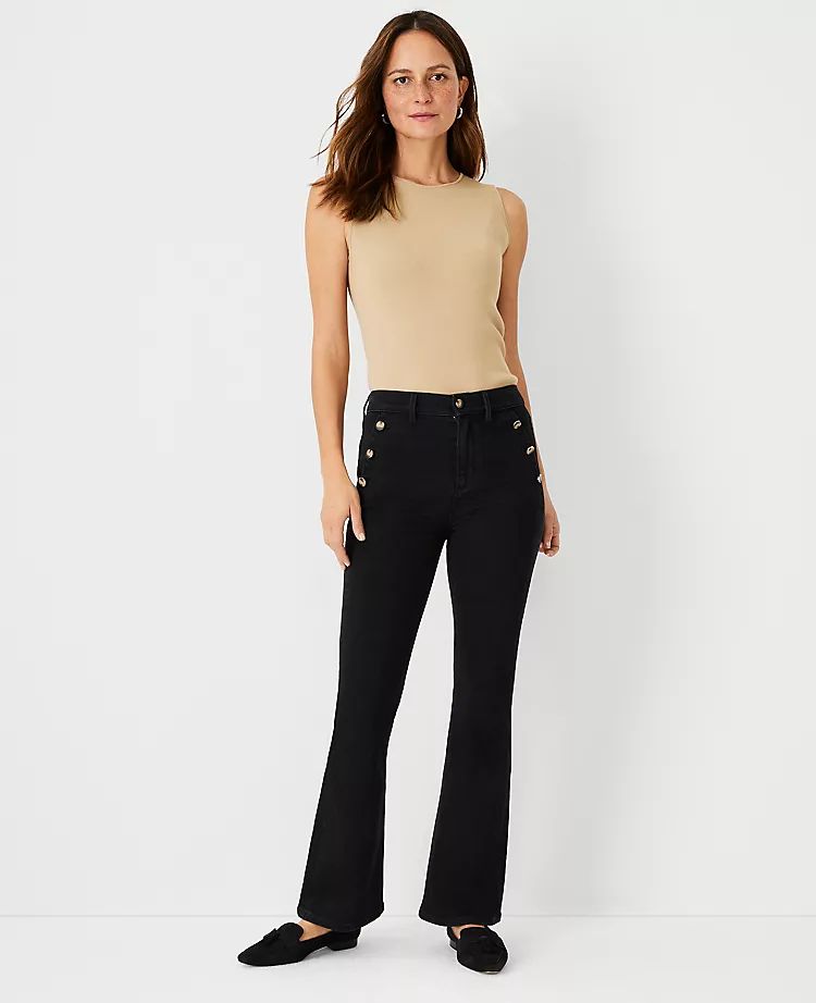 Button Pocket High Rise Admiral Flare Jeans in Washed Black | Ann Taylor (US)
