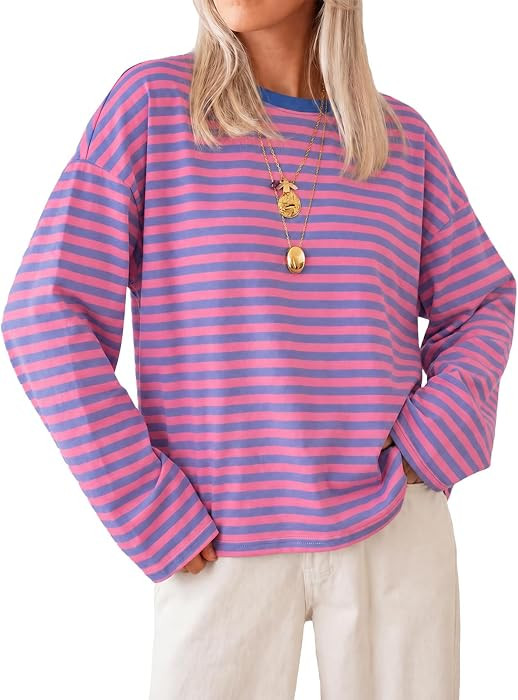 Cicy Bell Womens Striped Long Sleeve Shirts Crew Neck Casual Cotton Tops | Amazon (US)