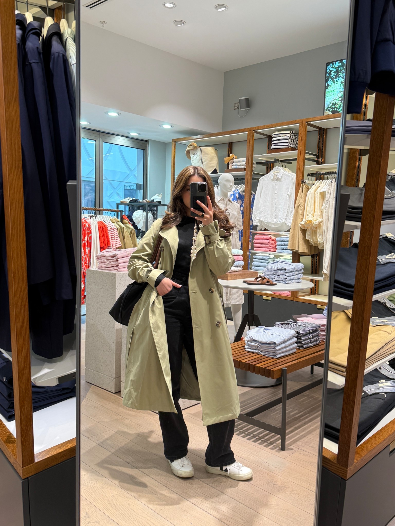 Spring summer transitional outfit inspo for the cooler days - a classic trench coat and an all black outfit underneath #trenchcoat #longchamp #veja 

#LTKuk #LTKworkwear #LTKsummer