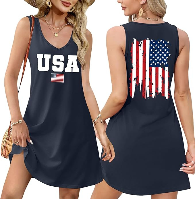 LHBNK 4th of July Dress for Women: American Flag Tank Dresses Star Striped Splicing Loose V Neck ... | Amazon (US)